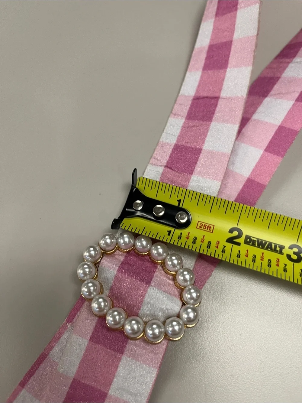 Source Unknown Pink and White Gingham Pearl Buckle Belt